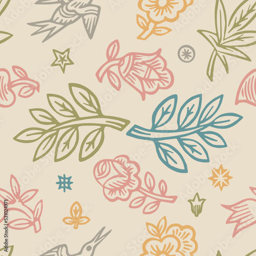 Vintage nature floral seamless repeat pattern. 