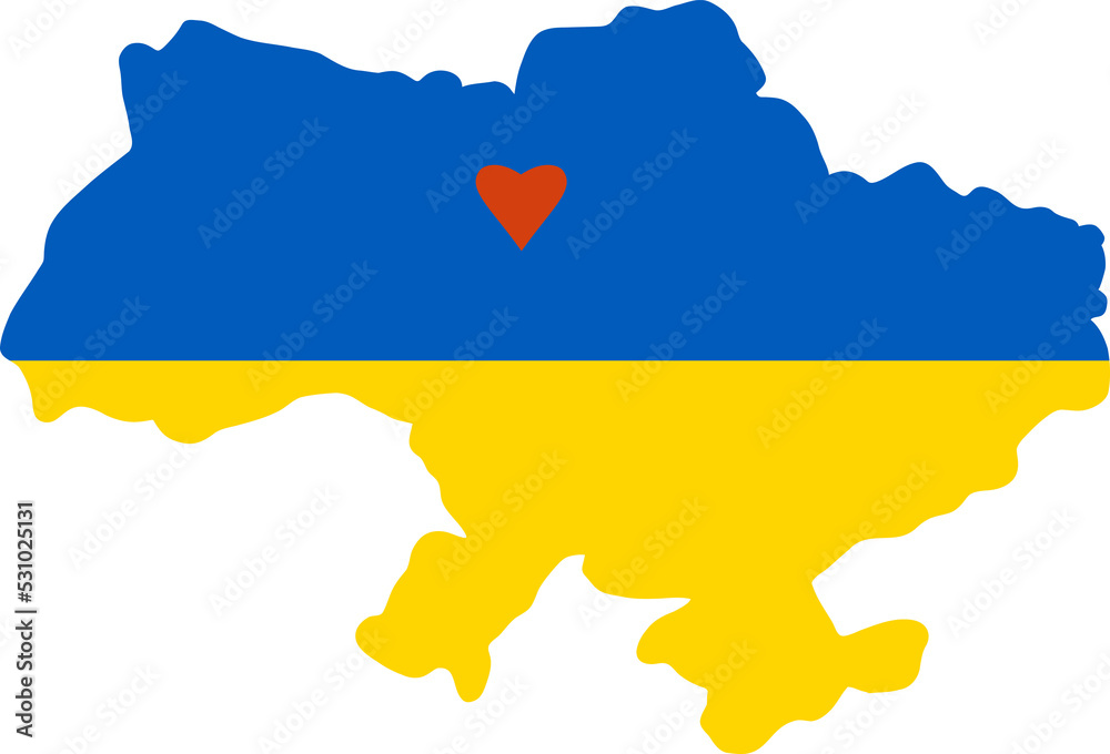 Map of Ukraine in yellow-blue colors with red heart where capital is Kyiv
