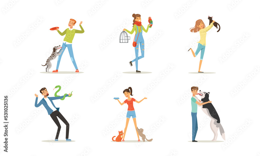 Happy People Pet Owner with Dog, Cat, Snake and Parrot Loving Their Animal Vector Set