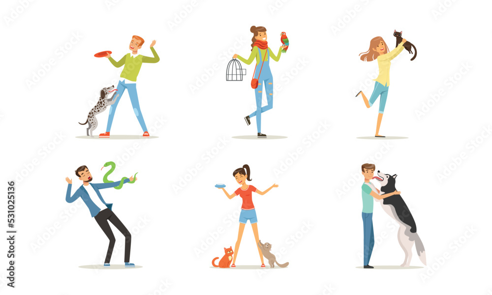 Happy People Pet Owner with Dog, Cat, Snake and Parrot Loving Their Animal Vector Set Happy People Pet Owner with Dog, Cat, Snake and Parrot Loving Their Animal Vector Set