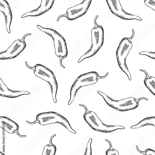 seamless black and white pattern with chili peppers, hand drawing with hatching