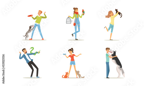 Happy People Pet Owner with Dog, Cat, Snake and Parrot Loving Their Animal Vector Set