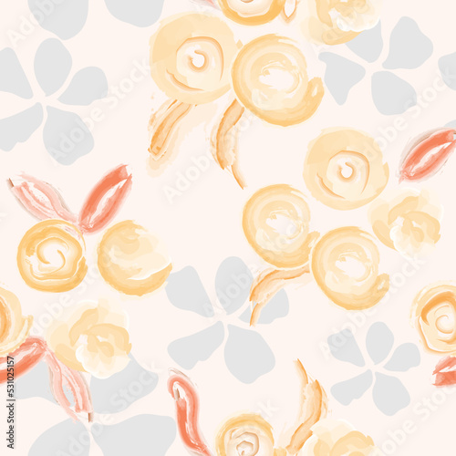 Fototapeta Naklejka Na Ścianę i Meble -  Cartoon abstract watercolour roses on the beige background. Seamless pattern design for wallpaper, polygraphy, textile products.
