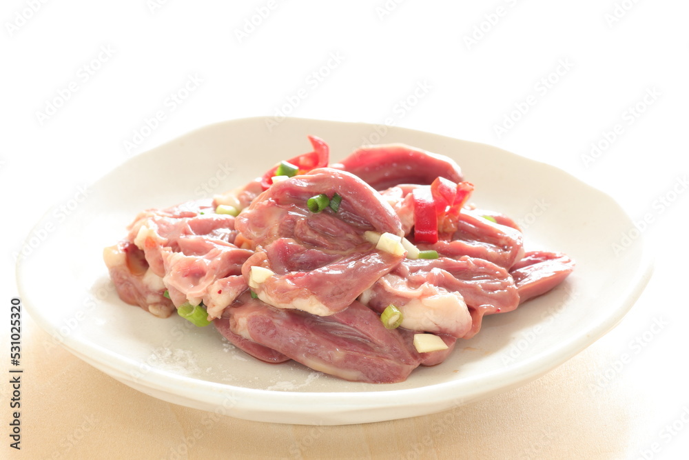 Chinese cooking, prepared Chicken heart and spring onion seasoning marinade 