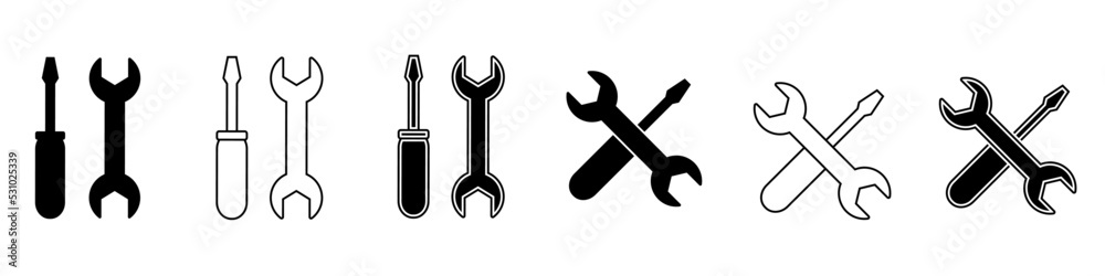 Screwdriver and wrench icon vector set. Repair illustration sign collection. tool symbol. Service center logo. Screwdriver and wrench icon vector set. Repair illustration sign collection. tool symbol. Service center logo.