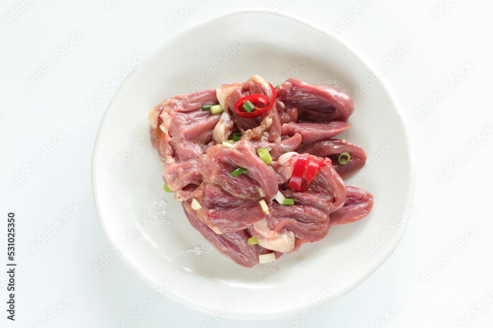 Chinese cooking, prepared Chicken heart and spring onion seasoning marinade Chinese cooking, prepared Chicken heart and spring onion seasoning marinade
