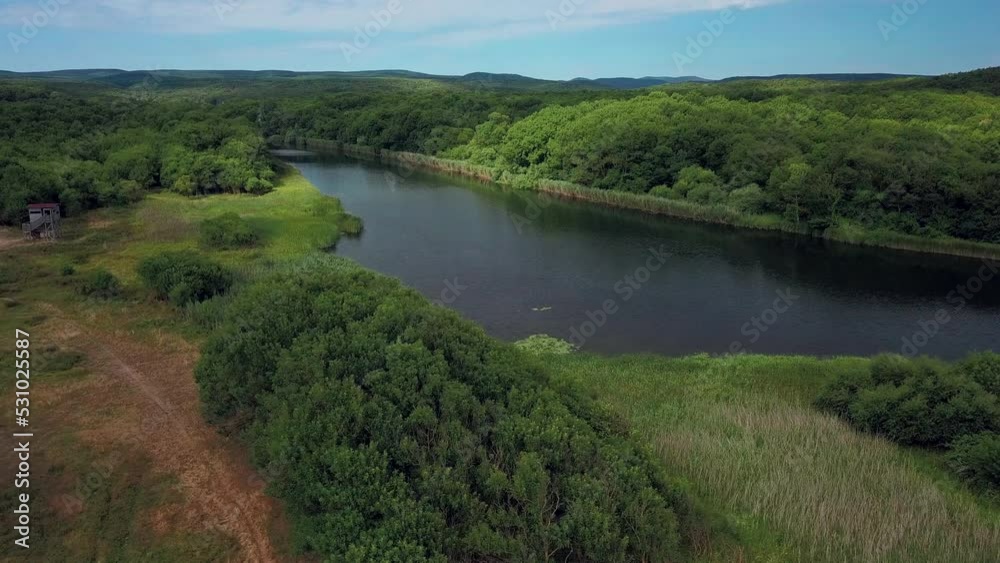 Aerial View Of Veleka River With Green Forest At Daytime In Sinemorets, Bulgaria. Aerial View Of Veleka River With Green Forest At Daytime In Sinemorets, Bulgaria.