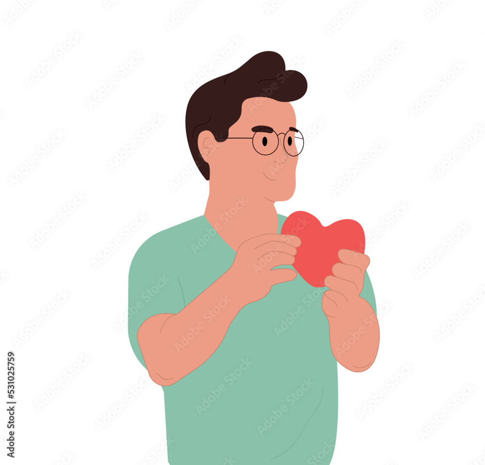 Naklejka premium Male volunteer.A person with a sense of affection, gratitude, offers his support and loveVector flat illustration isolated on white background.