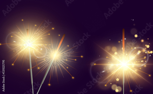 Magical light. Sparkler. Candle sparkling on the background. Realistic vector light effect. Winter, seasonal christmas decoration illustration.	