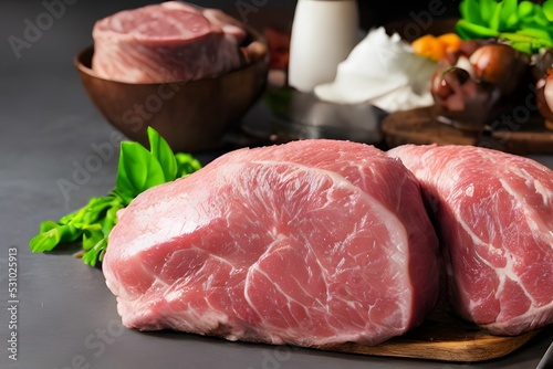 Pieces of beef and various spices on the kithcen table photo