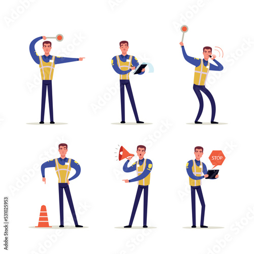 Man Road Policeman Wearing Vest Keeping Order of Traffic Rules Vector Set