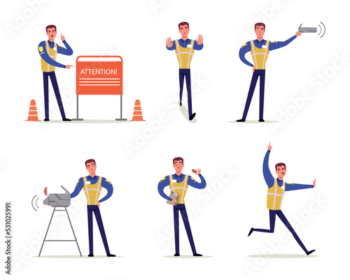 Man Road Policeman Wearing Vest Keeping Order of Traffic Rules Vector Set