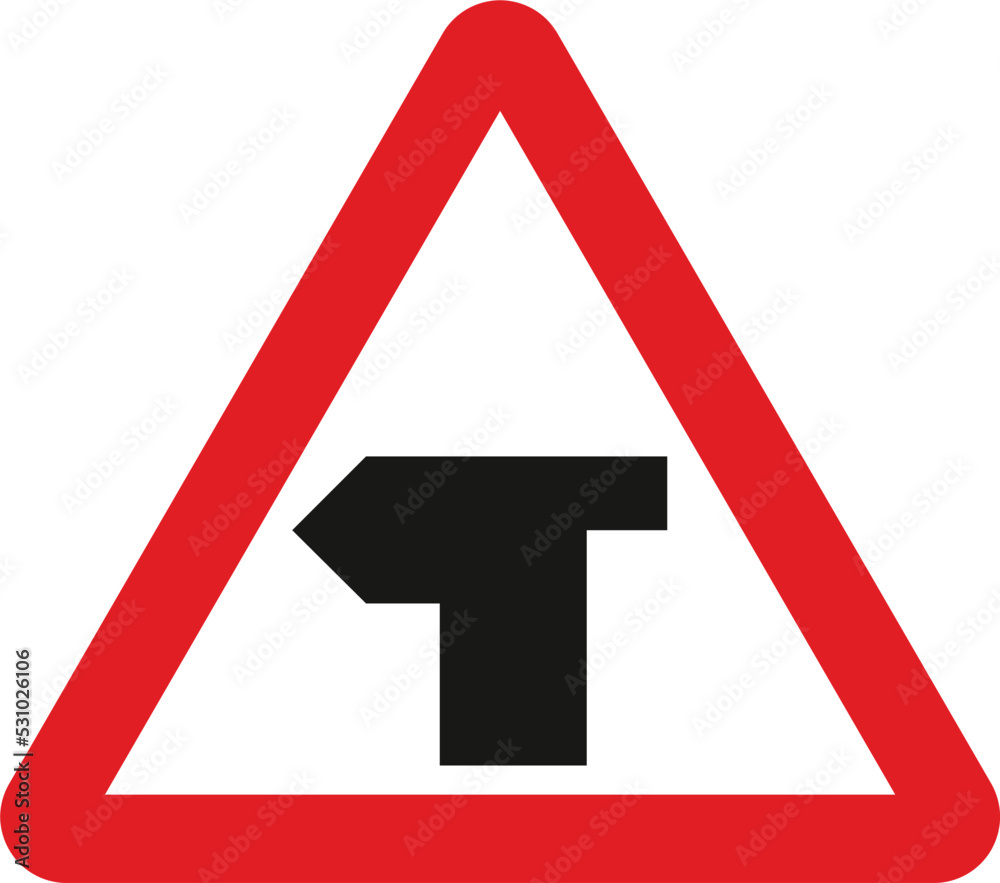 T-junction with priority over vehicles from the right, The Highway Code Traffic Sign, Signs giving orders, Signs with red circles are mostly prohibitive. Plates below signs qualify their message. T-junction with priority over vehicles from the right, The Highway Code Traffic Sign, Signs giving orders, Signs with red circles are mostly prohibitive. Plates below signs qualify their message.