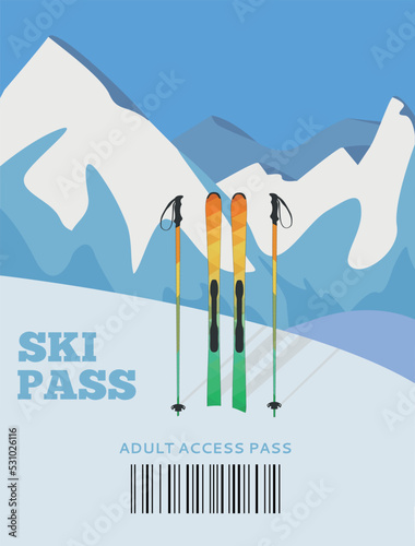 Ski pass. Ski resort, skiing on the background of mountains. Alps, firs, mountains wide panoramic background. winter activities. red ropeway. Christmas. Vacation winter holidays