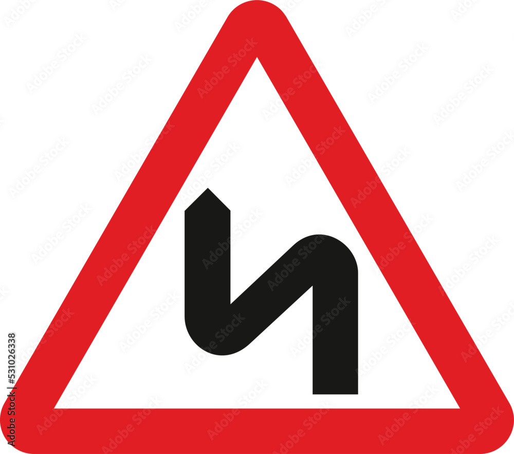 Double bend first to left (symbol may be reversed), The Highway Code Traffic Sign, Signs giving orders, Signs with red circles are mostly prohibitive. Plates below signs qualify their message. Double bend first to left (symbol may be reversed), The Highway Code Traffic Sign, Signs giving orders, Signs with red circles are mostly prohibitive. Plates below signs qualify their message.