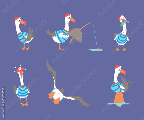 Seagull Sailor Character in Striped Vest and Hat Flying, in Love and Angling Fish with Catching Rod Vector Set