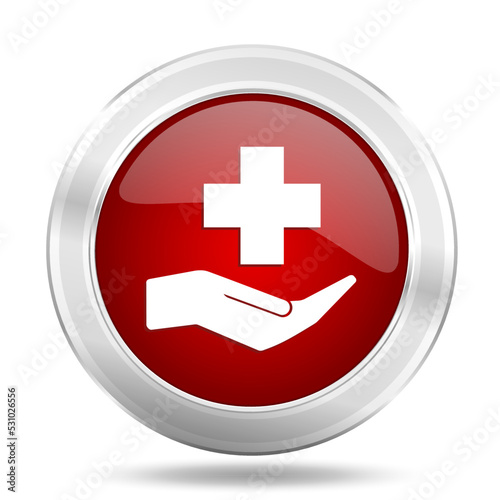 Hospital red glossy vector icon, healthcare concept silver metallic round web button
