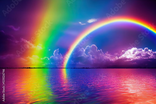 Double rainbow through rain clouds over the lake