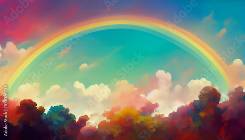 A bright rainbow over an autumn forest and clouds in bright colors against a blue sky