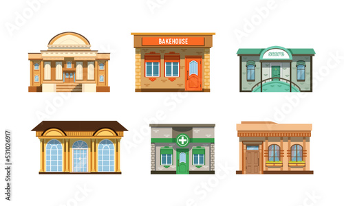 Set of city public buildings. Library, bakehouse, score, drugstore detailed facades flat vector illustration