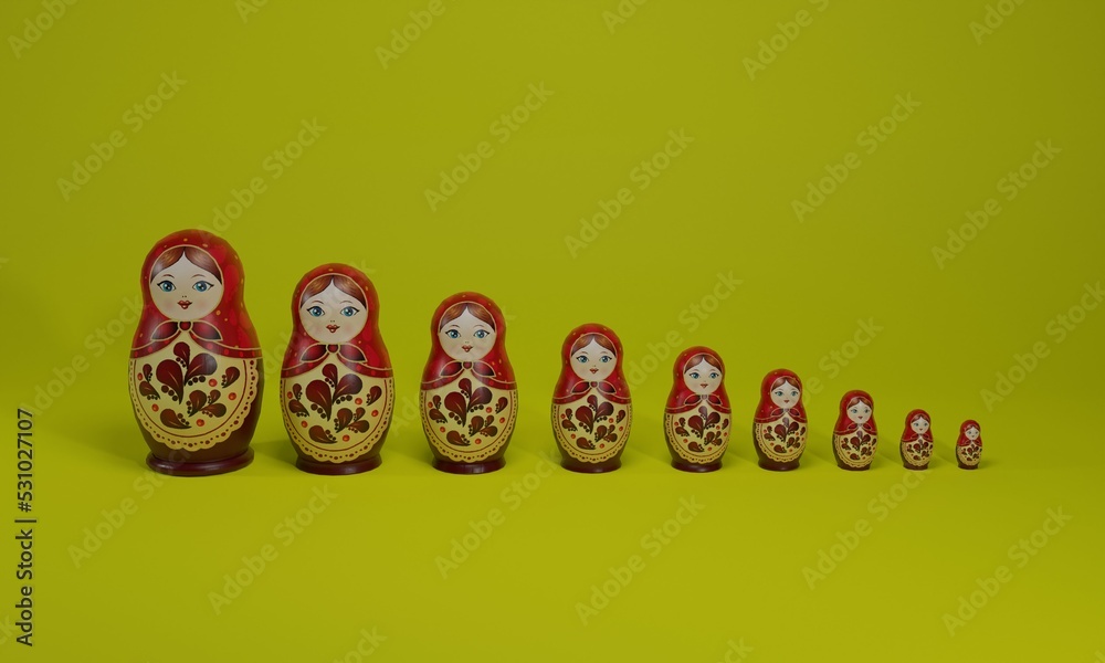 3d illustration, set of matryshka, traditional Russian dolls, beautifully colored, yellow background, 3d rendring
