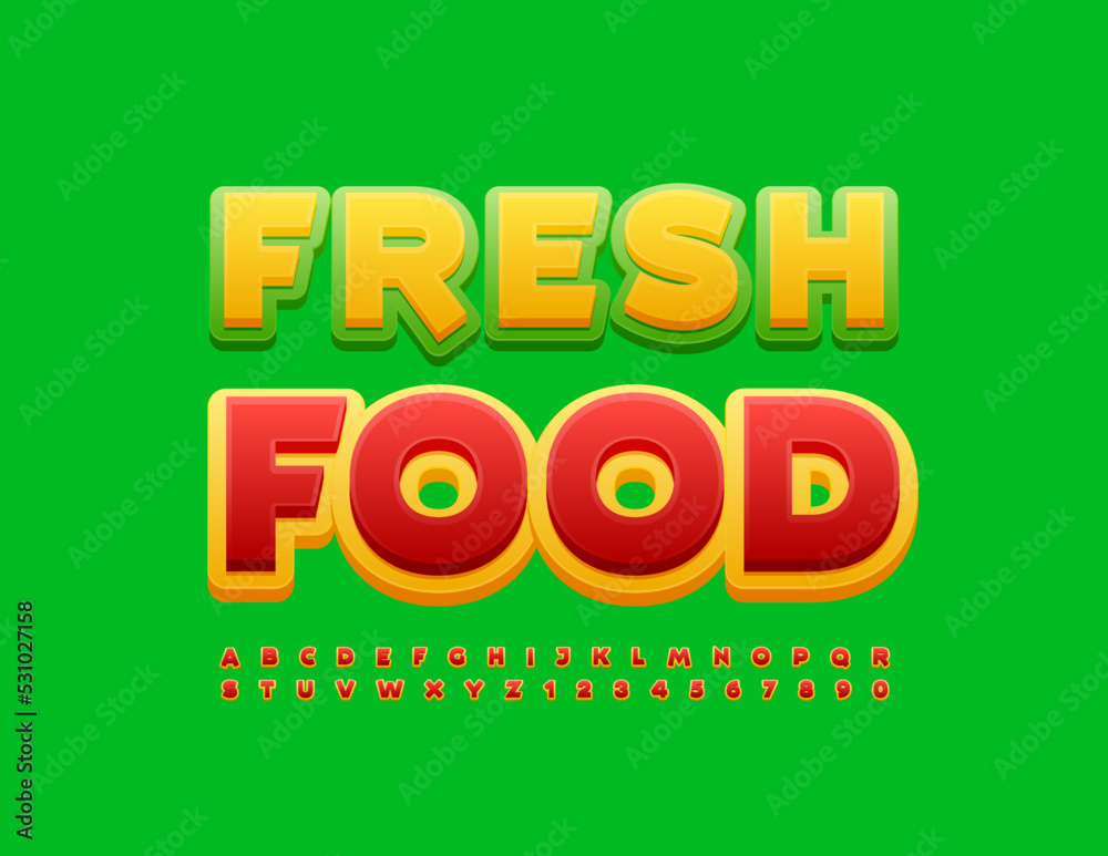Vector advertising badge Fresh Food with bright Font. Modern set of Alphabet Letters and Numbers