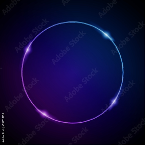 Neon Frame with Glow  and Sparkles. Electronic Luminous Circle Frame in Blue Colors  for Entertainment Message or Promotion Theme on Dark