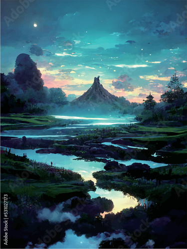 Design of grassland with reflecting water and rocky cliffs in a distance under dark sky