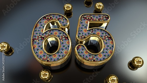 Vintage Royal Gold Floral Pattern 65 Number With Gold Metal Spheres Above The Glass Plane 3D Rendering © agratitudesign