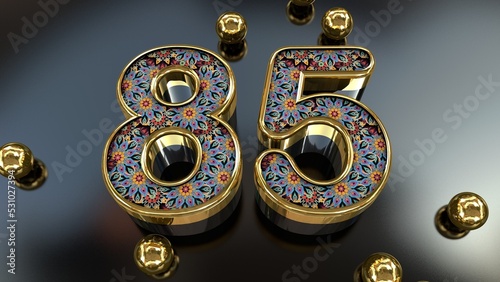 Vintage Royal Gold Floral Pattern 85 Number With Gold Metal Spheres Above The Glass Plane 3D Rendering © agratitudesign