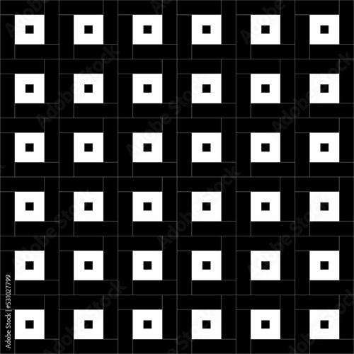Repeated white checks sequence on black background. Surface pattern design with polygons. Mosaic.
