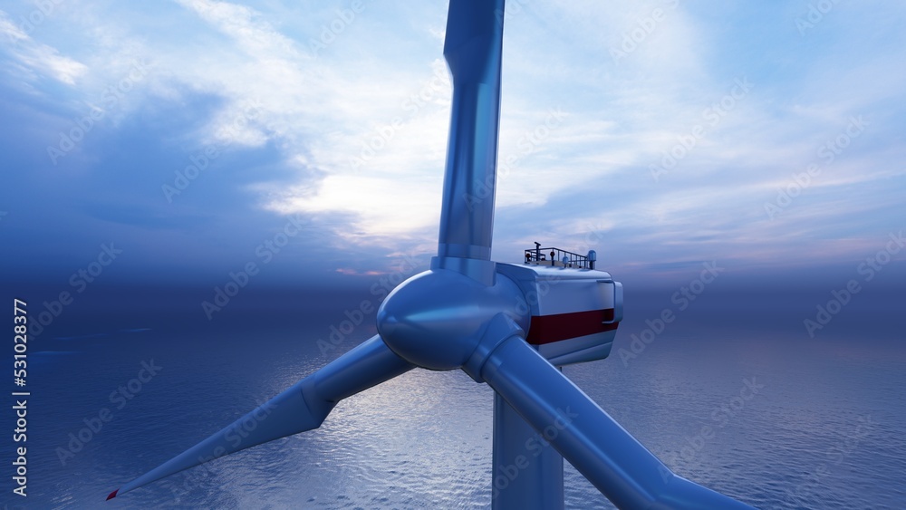 Windmill park. Offshore wind turbines farm on the ocean. Sustainable energy production. Green Energy, clean power, clean energy concept. Windmill park. Offshore wind turbines farm on the ocean. Sustainable energy production. Green Energy, clean power, clean energy concept.