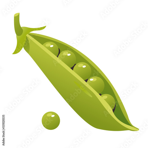 Green peas in a pod isolated on a white background. Healthy organic food, fresh green vegetables in cartoon style.