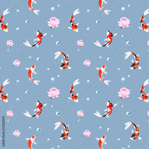 Watercolor pattern with fish koi , lotus flowers and bubbles on blue background