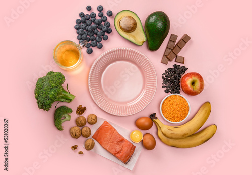 Best foods for brain and memory on pink background. Food for mind and charge of energy. Healthy lifestyle. Copy space. Top view. Mind diet