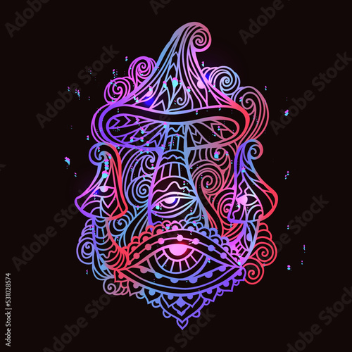 Magic Mushrooms. Vector illustration. Mushrooms hippie psychedelic style.