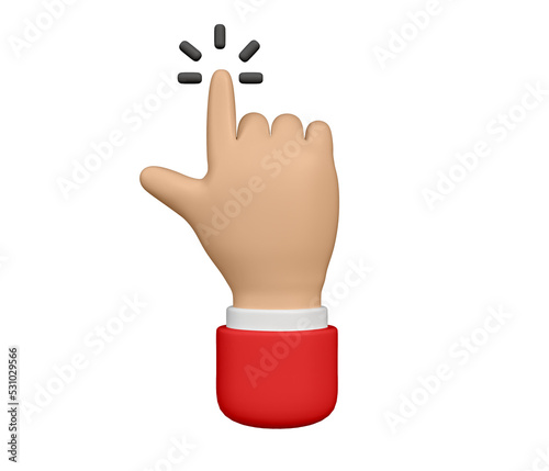 3D hand pointing and touching in red shirt. Cartoon character hand pointing gesture. Touch or click icon. Show one finger, index finger. Indicating, showing something above.