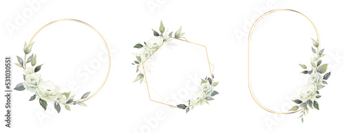 Rose flower watercolor frame wreath with gold frame  design white bouquet flower design vector.