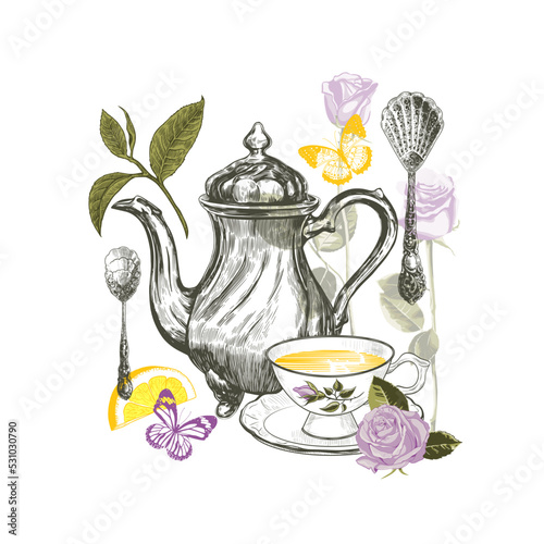 Teapot, cup and saucer, tea leaves, teaspoon, lemon slice, roses and butterflies. Vintage floral tea party Invitation. Tea party card. Tea Time. Hand draw vector Illustration.