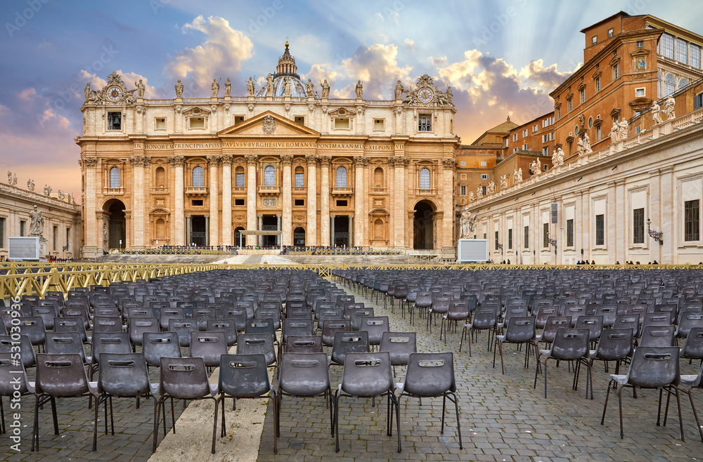 Naklejka premium Vatican City Holy( See). Dome of St. Peters Basil cathedral at Saint Peters Square. Evening sunset. Rome, Italy.