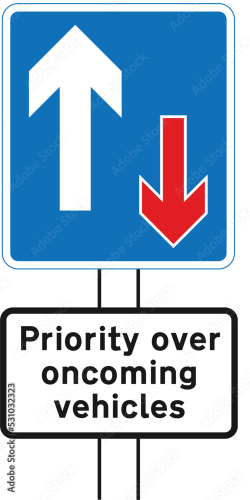 Traffic has priority over oncoming vehicles, The Highway Code Traffic Sign, Signs giving orders, Signs with red circles are mostly prohibitive. Plates below signs qualify their message. Traffic has priority over oncoming vehicles, The Highway Code Traffic Sign, Signs giving orders, Signs with red circles are mostly prohibitive. Plates below signs qualify their message.