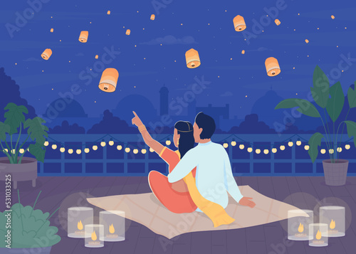 Watching lanterns in sky on Diwali flat color vector illustration. Couple enjoying holiday together on roof. Fully editable 2D simple cartoon characters with romantic atmosphere on background