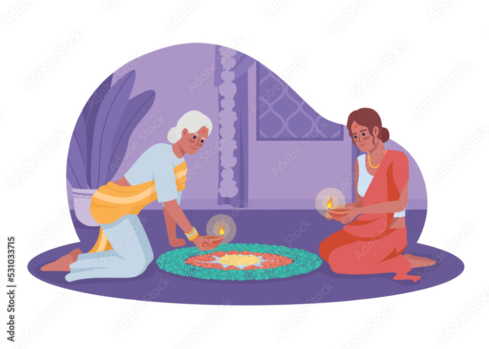 Vecteur Stock Women with oil lamps celebration Diwali 2D vector ...