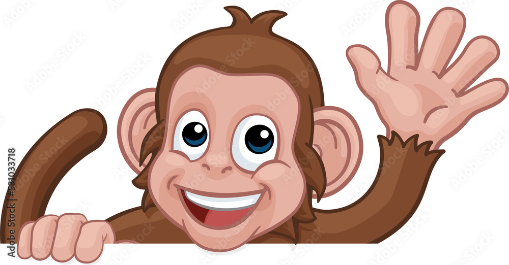 Monkey Cartoon Animal Behind Sign Waving Monkey Cartoon Animal Behind Sign Waving