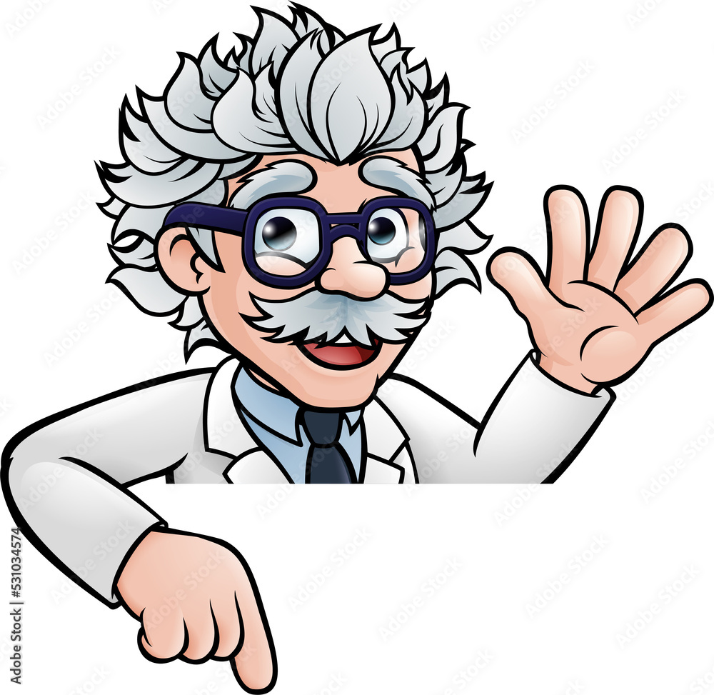 Cartoon Scientist Professor Pointing at Sign
