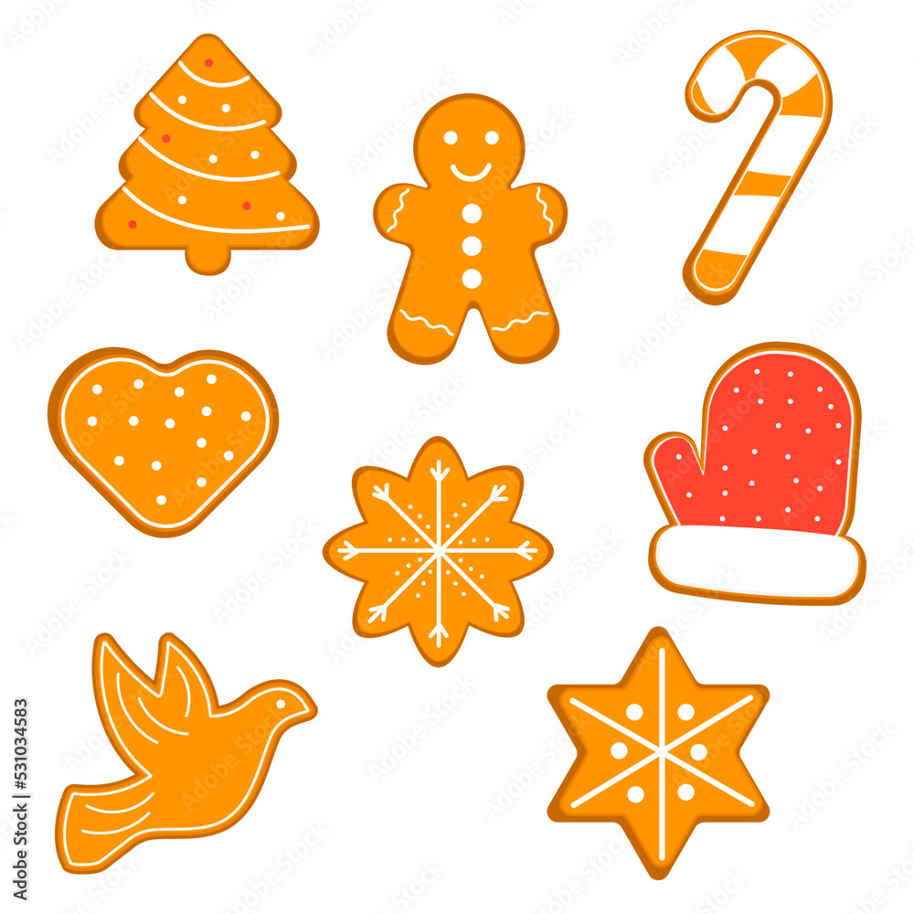 Set of gingerbread cookies man, Christmas tree, star, sock, angel. Vector illustration Set of gingerbread cookies man, Christmas tree, star, sock, angel. Vector illustration