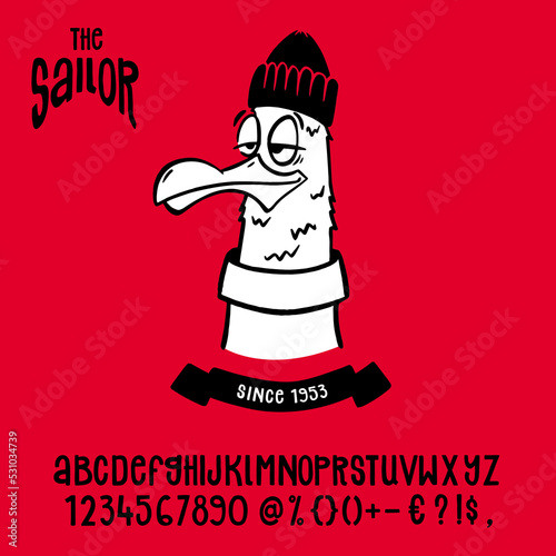 Doodle seagull with sailor head vintage cartoon illustration.