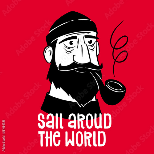 Doodle bearded ship captain or skipper with a pipe. Hand drawn illustration.