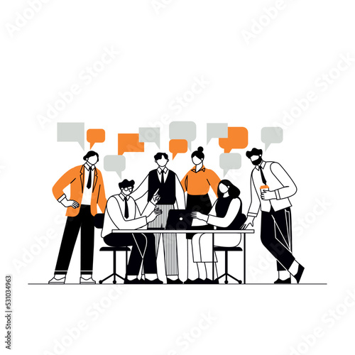 The concept of join teamwork, brainstorming, discussing ideas for project. People meeting at desk in office. Vector illustration for co-working, teamwork, workspace concept