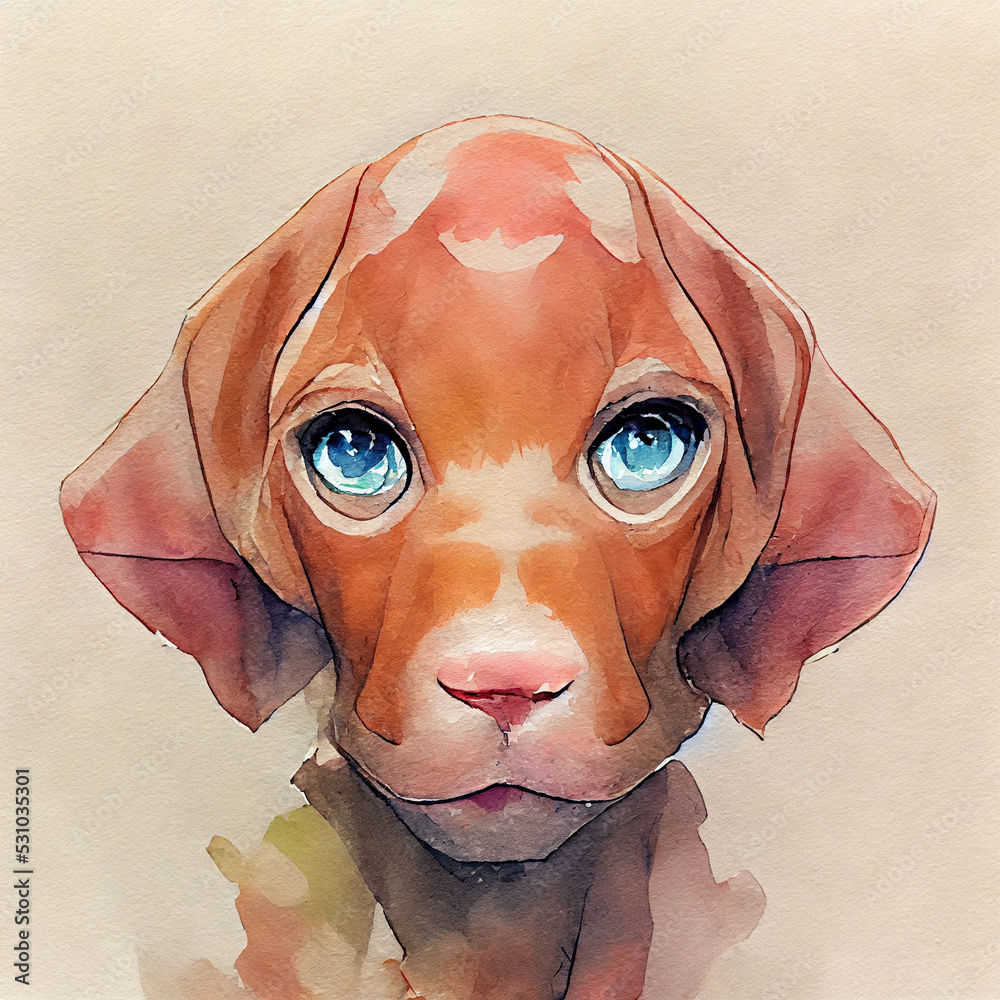Vizsla. Adorable puppy dog. Watercolor illustration with color spots